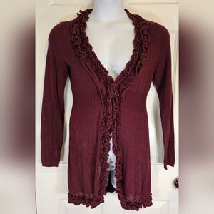 INC International Concepts, plum colored, ruffled, knit cardigan.  Size L